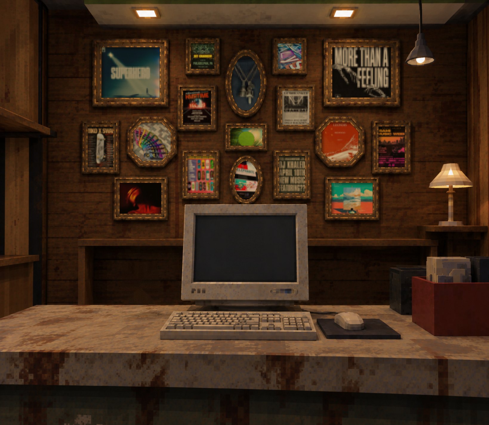 Inside Showroom 112: an old computer on a desk under a wall of framed work